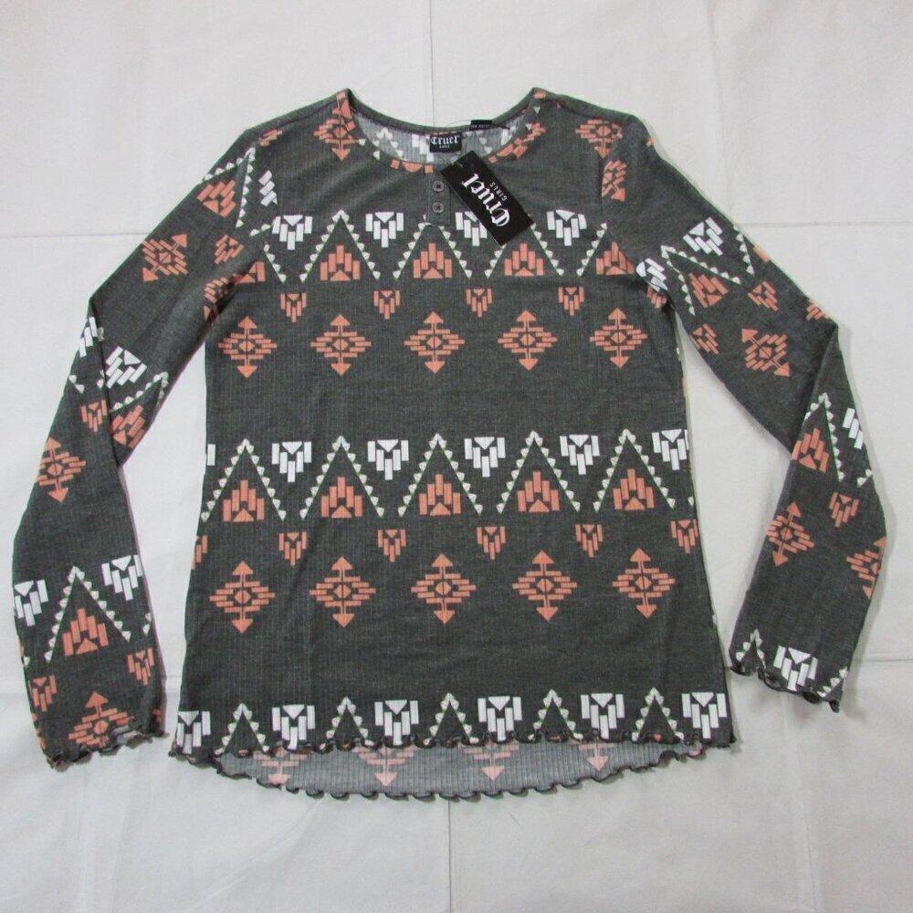 Cruel Girl's XXL Long Sleeve Rib Knit Aztec Printed Henley Shirt - Gray